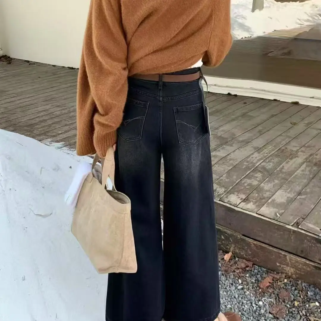 胖mm梨形身材牛仔裤显瘦遮肉高腰直筒阔腿裤子