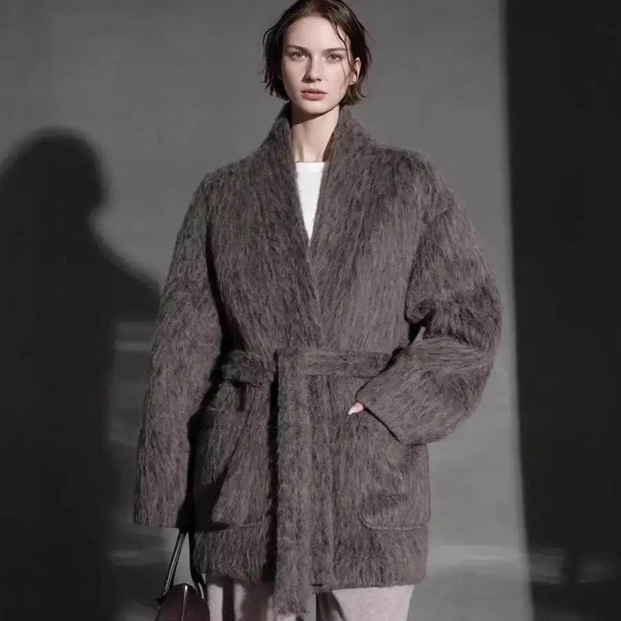 人造皮草 高级感拉绒系带宽松简约中长款大衣外套