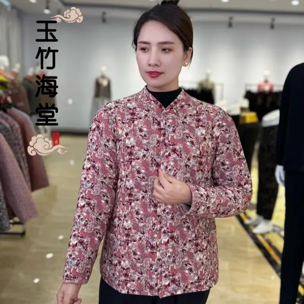 中老年女装冬季加厚碎花立领长袖贴片护背休闲风棉袄外套妈妈装