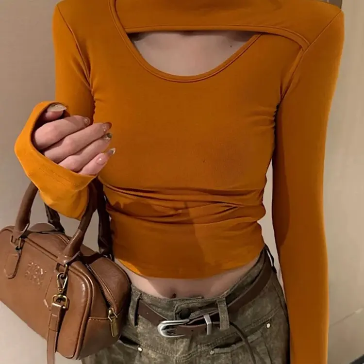 秋冬新款半高领镂空设计感长袖T恤女韩版气质显瘦内搭打底衫棉料