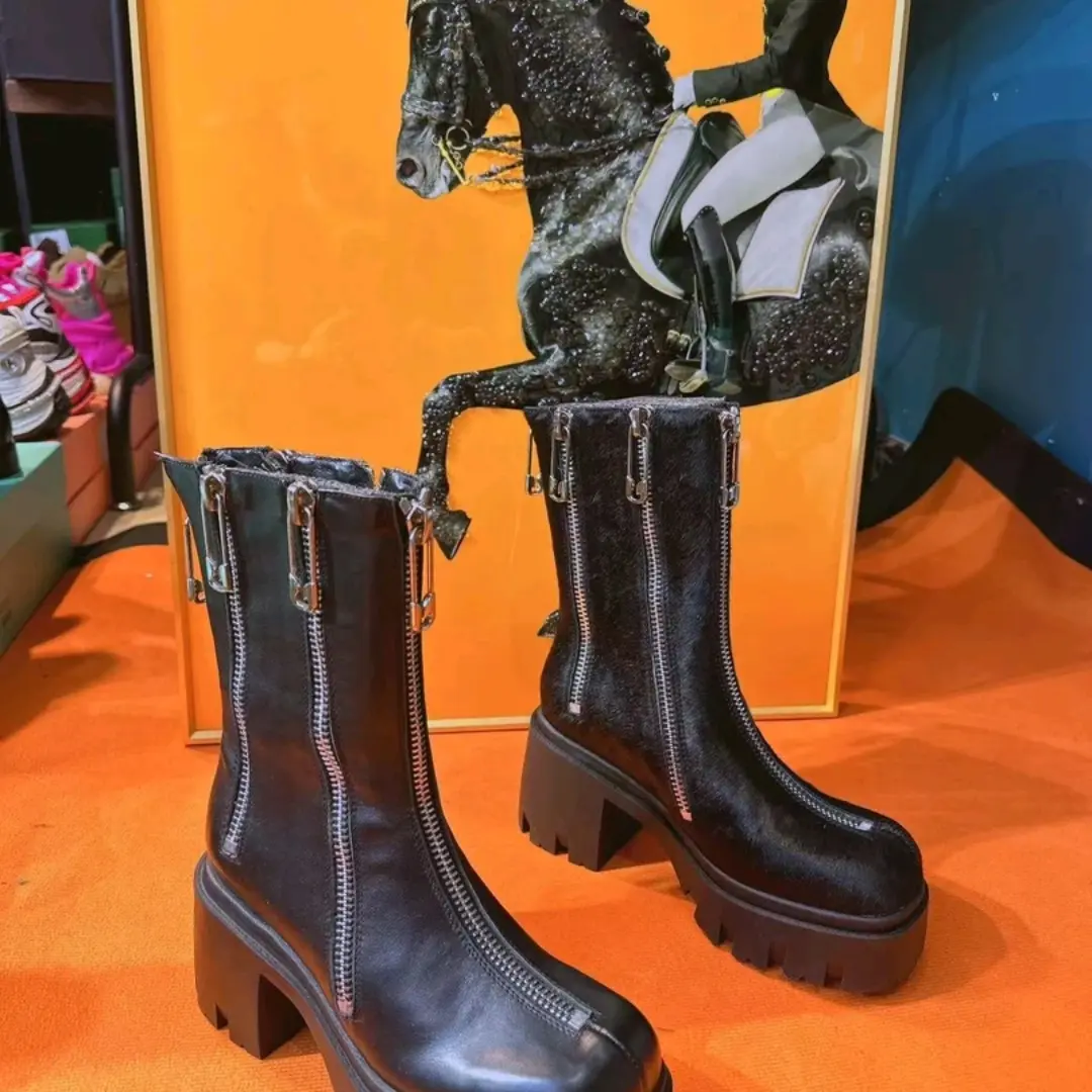 真皮内增高厚底拉炼粗跟英伦风百搭时尚秋冬女靴