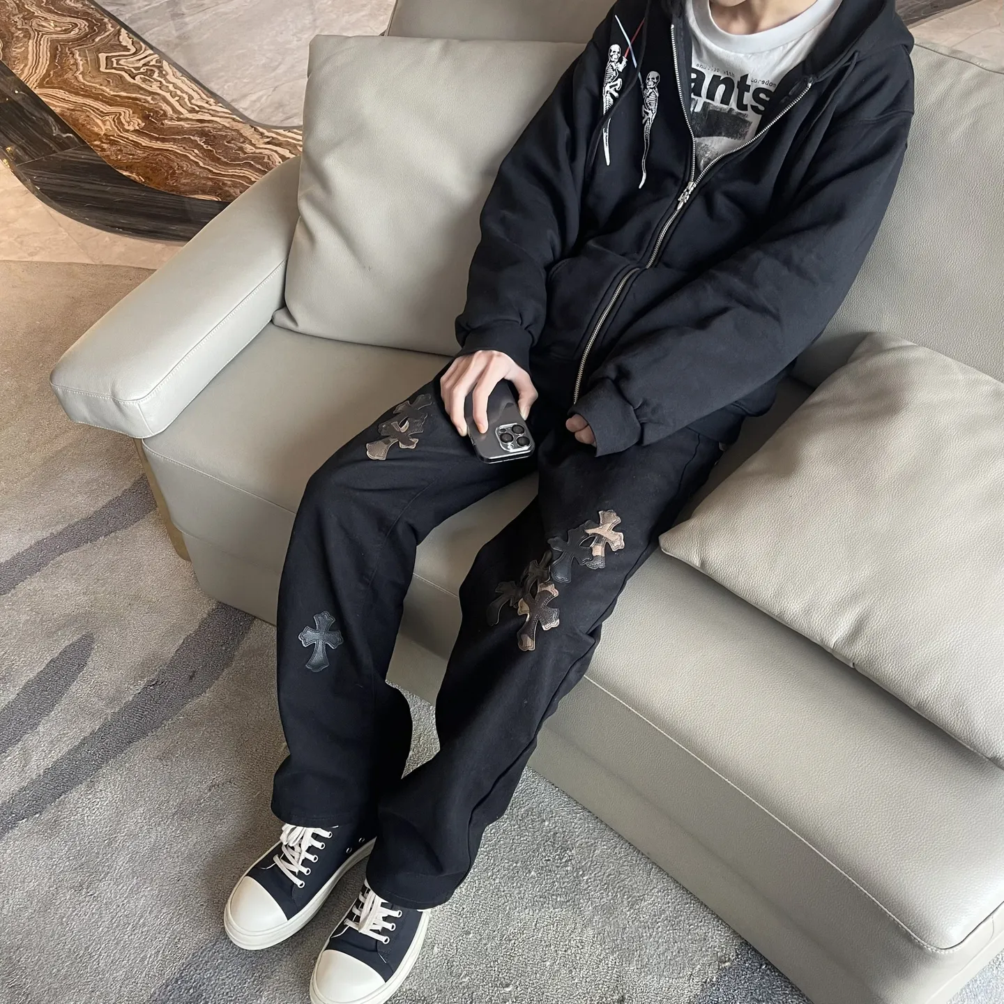 【伽马】潮牌轻奢十字架牛仔裤男秋季高街裤子情侣潮牌痞帅微喇裤