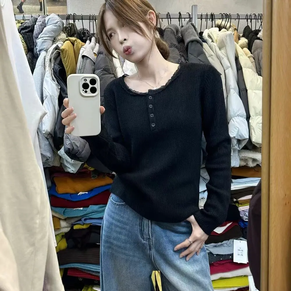 秋冬新款蕾丝拼接圆领针织衫女纯欲风加厚打底上衣