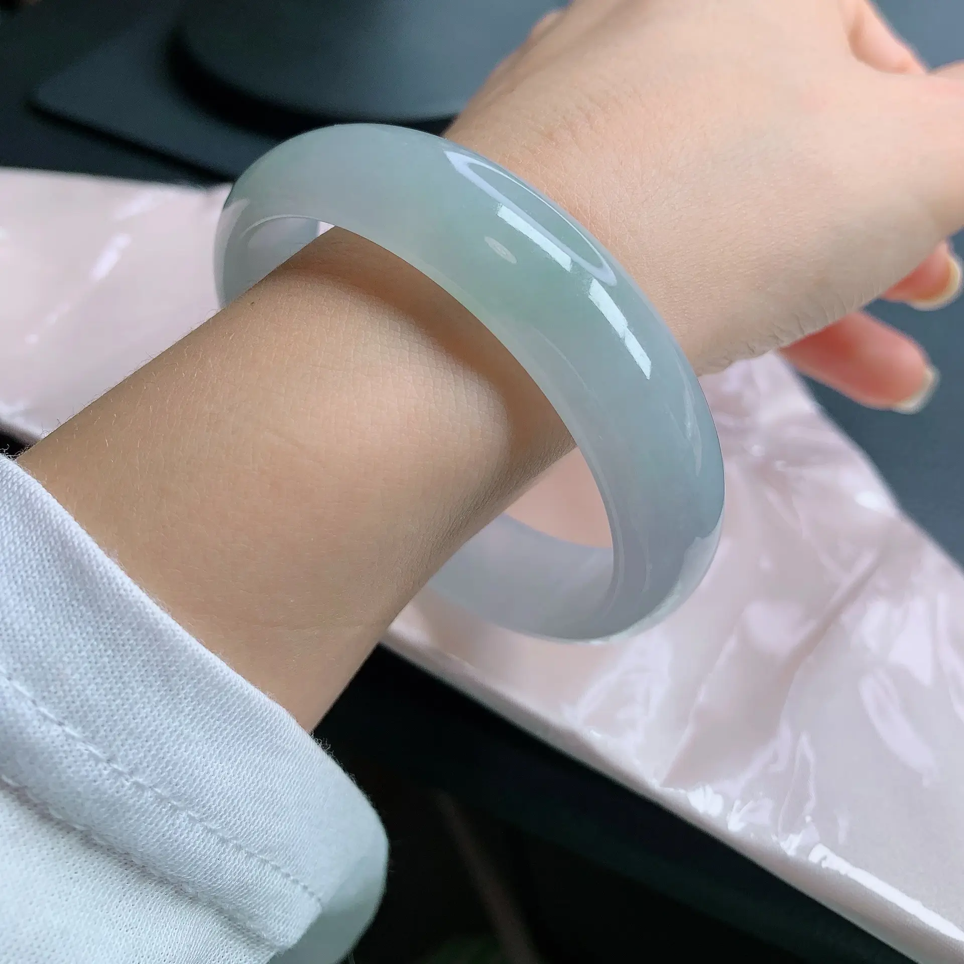 缅甸天然A货翡翠55圈口冰胶润底轮胎手镯