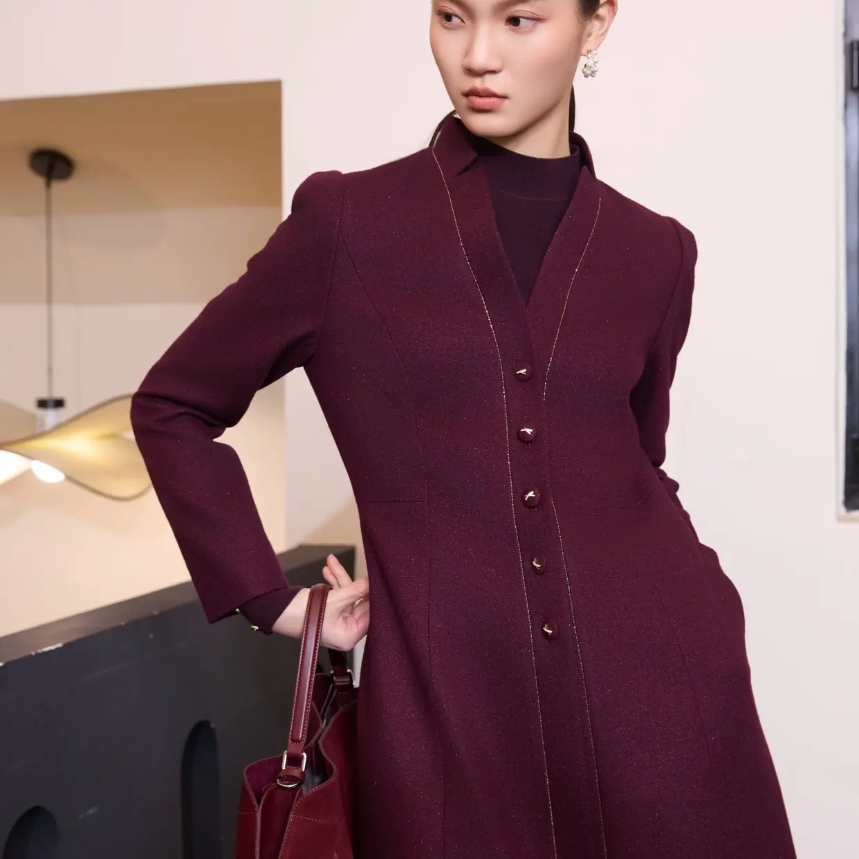 330218秋冬季荷叶领收身气质复古羊毛大衣外套中长款收腰显瘦时尚