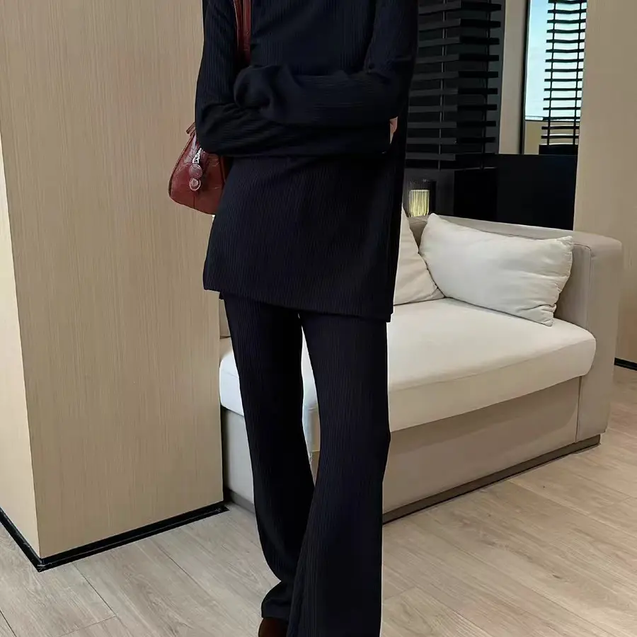 127 加厚韩版慵懒风显瘦正肩上衣高腰阔腿裤套装