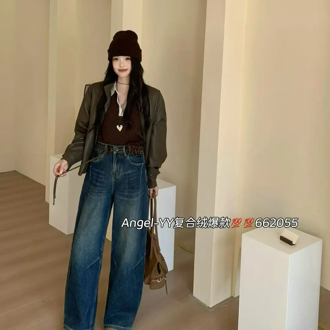 yy家662055加厚绒复古蓝高腰弯刀阔腿显瘦牛仔裤