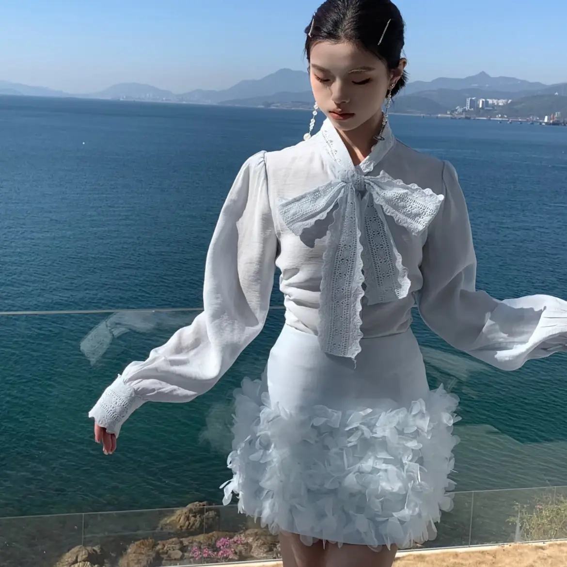 109-199蝴蝶结蕾丝花边法式衬衫