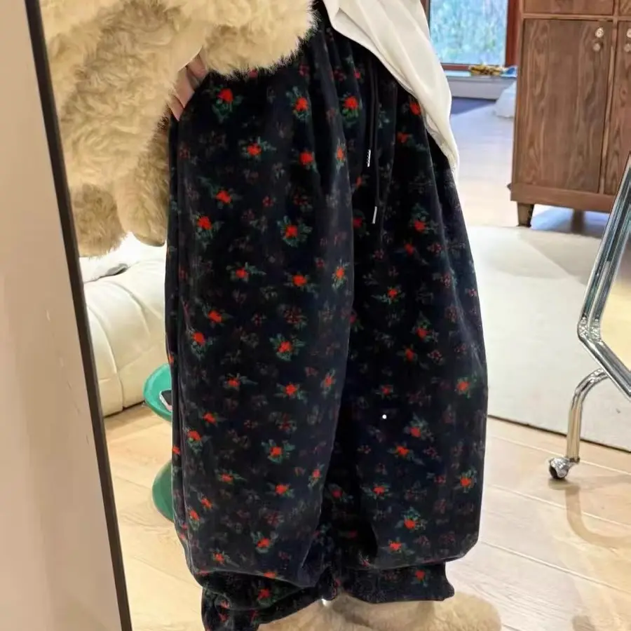 冬季复古玫瑰印花加绒加厚宽松慵懒风时尚阔腿休闲长裤女