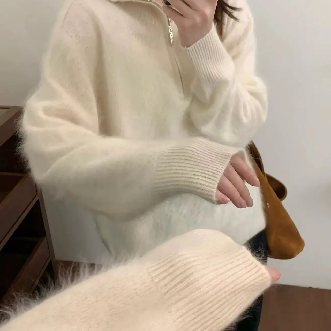 高克重加厚拉毛羊毛羊绒慵懒廓形拉链翻领高领毛衣