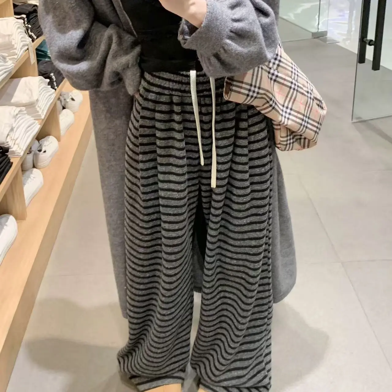 条纹针织阔腿裤女秋冬季加厚高腰拖地慵懒风垂感显瘦休闲裤