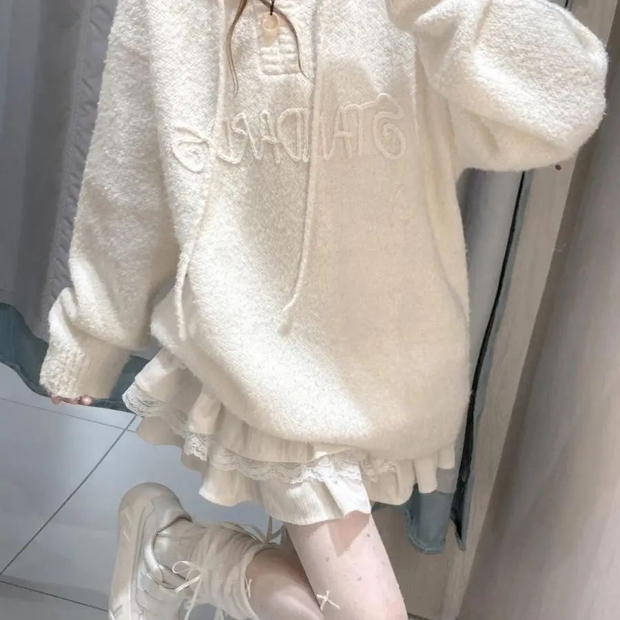 大码胖MM秋冬慵懒风白色连帽宽松针织毛衣女内搭显瘦上衣针织毛衣