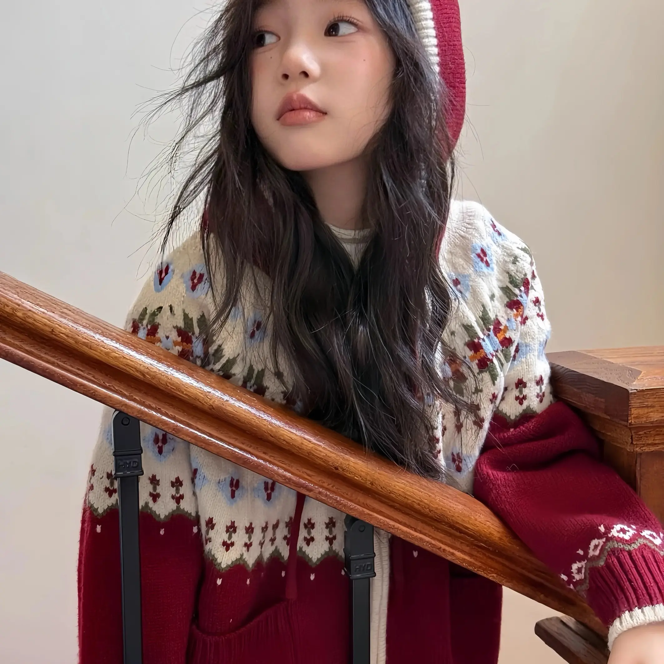 394-圣诞树毛衣mochier女童圣诞提花连帽毛衣冬季加厚费尔岛