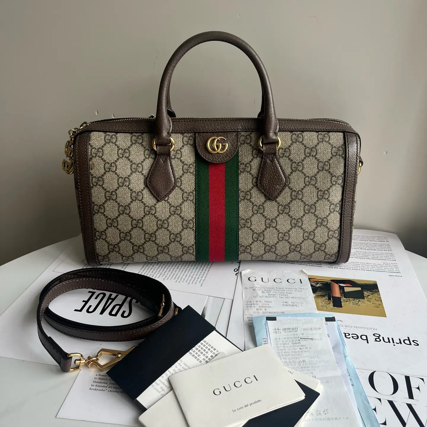 99新 GUCCI/古驰 ophidia老花logo红蓝条纹手提单肩斜挎枕头包