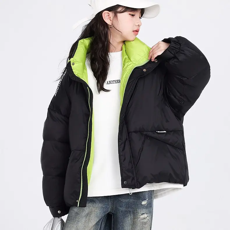 【白鸭绒90国标】25新款冬季撞色免洗加厚运动防风面包羽绒服男女童