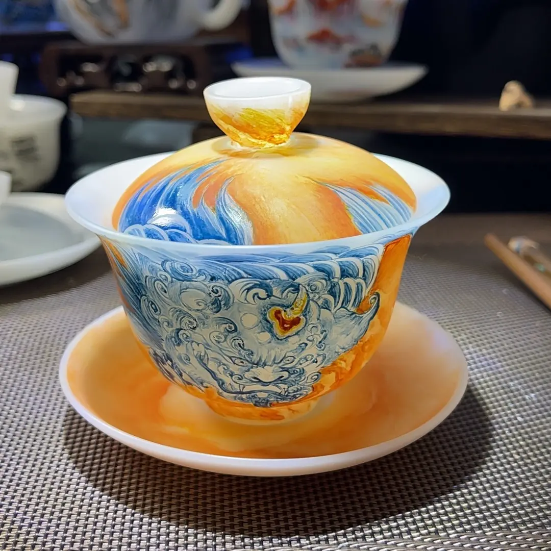 璞玉手绘盖碗茶具陶瓷家用茶杯