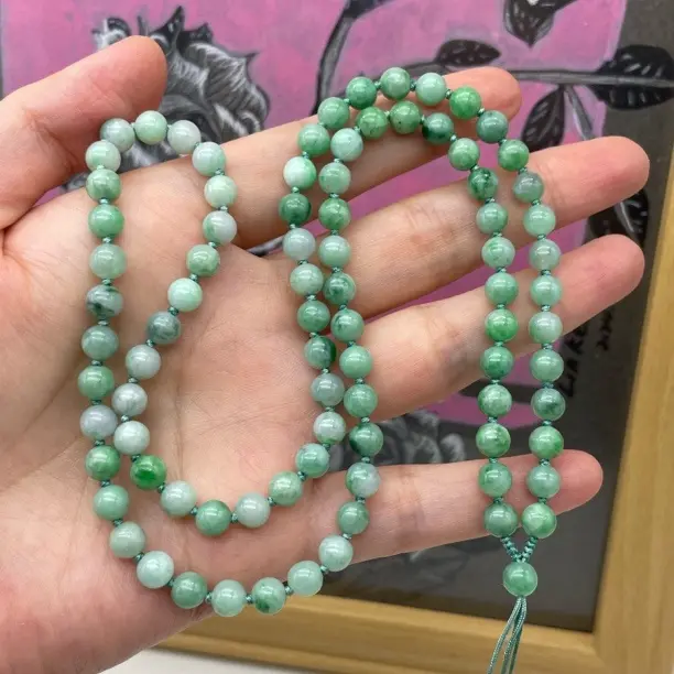 天然缅甸翡翠A货辣阳绿飘花圆珠编织项链毛衣链卡6