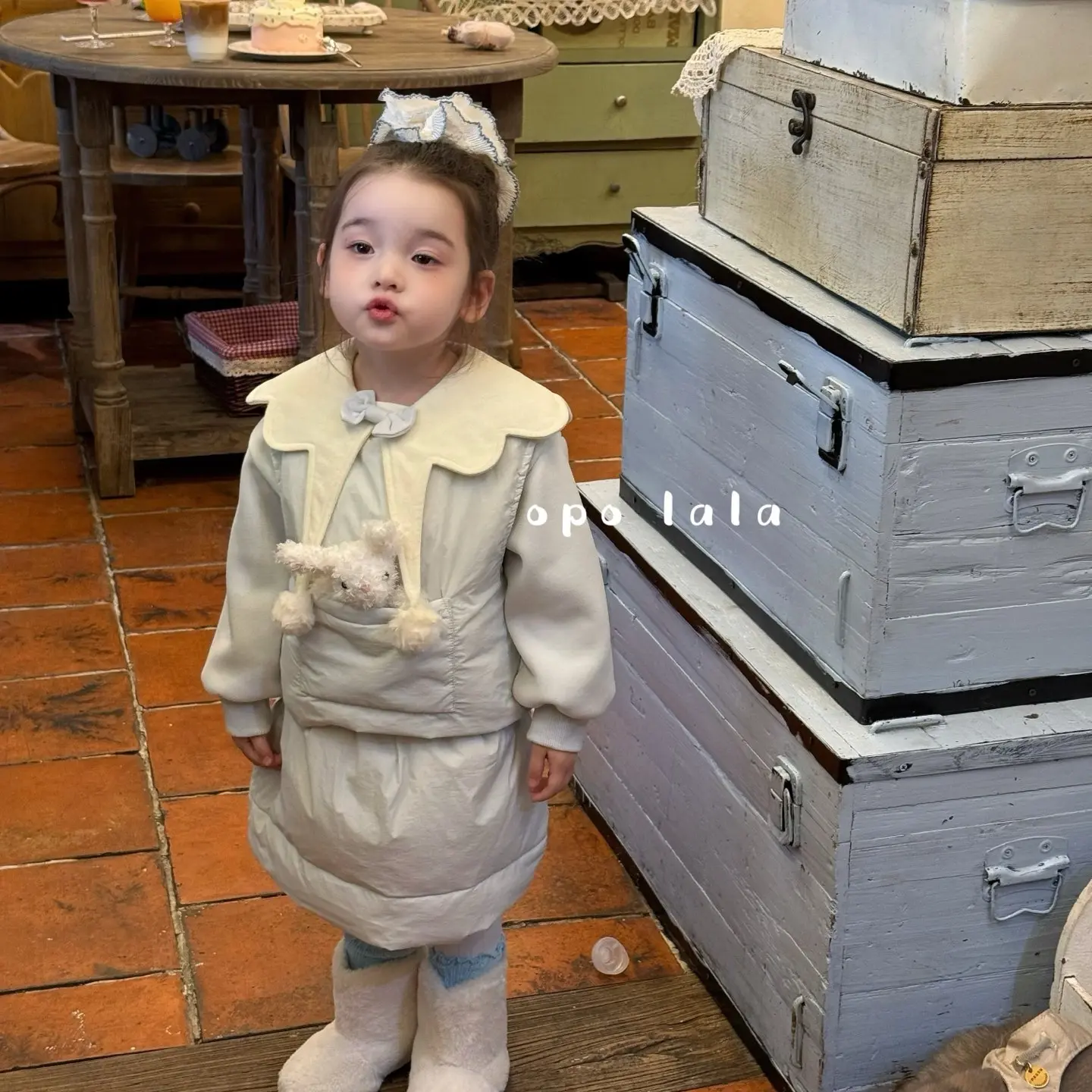 【OPolala】2025女童秋冬小玩偶马甲背心裙两件套花边卫衣