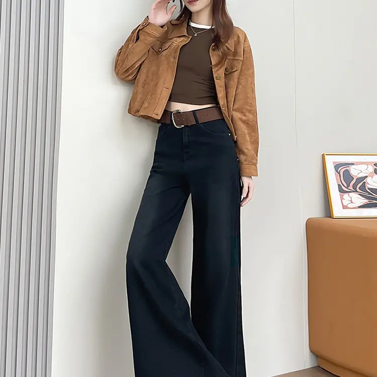 LBS8100加绒高腰阔腿显瘦直筒拖地牛仔裤女秋冬新款