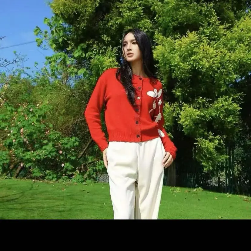 领姿 新款树叶花刺绣针织开衫711705