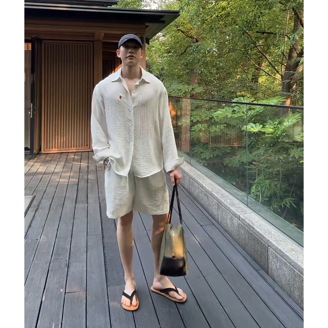 亚麻套装男高级感长袖衬衫小马标老钱风轻熟风衬衣短裤穿搭一整套