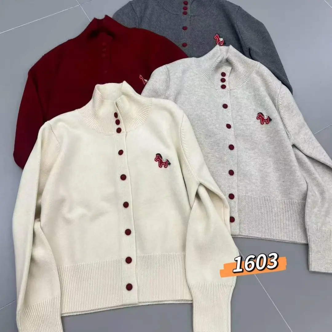 韩系慵懒风宽松刺绣半高领针织开衫女秋冬新款百搭毛衣