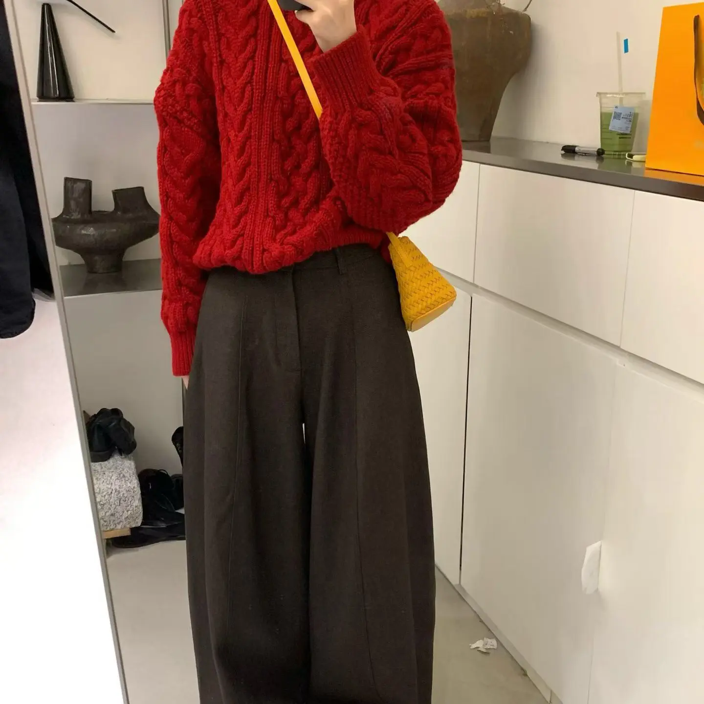 复古酒红色麻花毛衣女秋冬宽松慵懒风加厚针织上衣百搭圆领套头