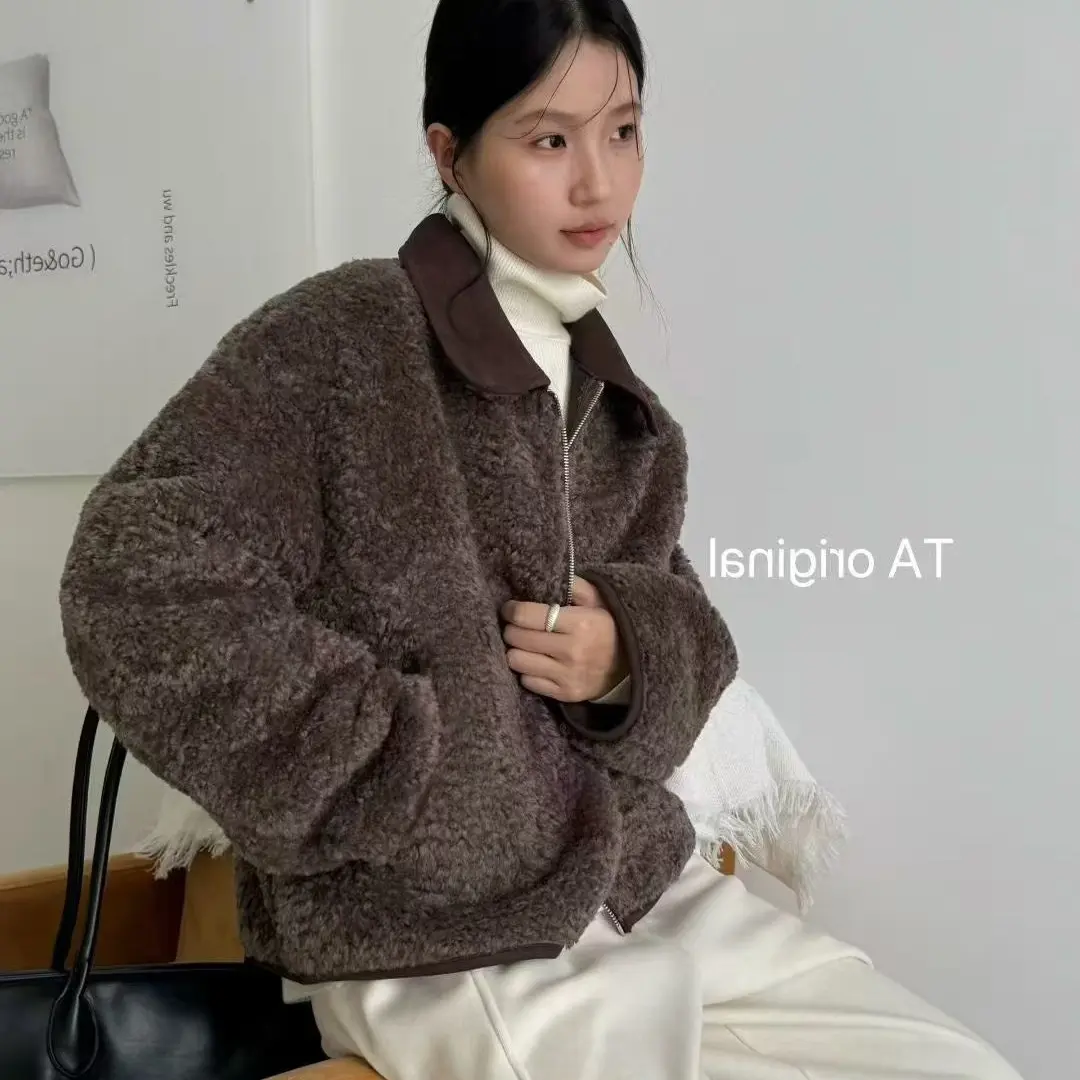 两面穿短款羊羔毛皮毛一体韩系风格冬季女士外套