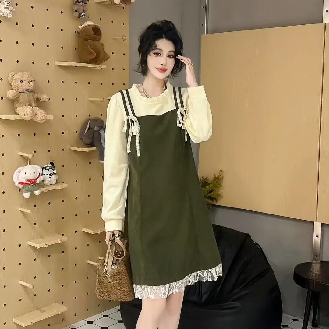 大码女装假两件连衣裙女秋冬胖妹妹显瘦收腰气质设计感拼接裙子