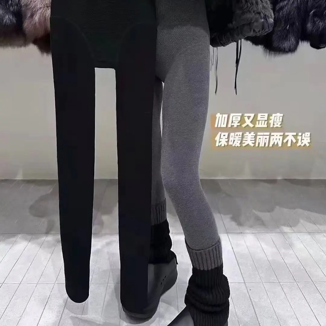 烟灰色竖条纹加绒显瘦塑型打底连裤袜女秋冬外穿踩脚裤