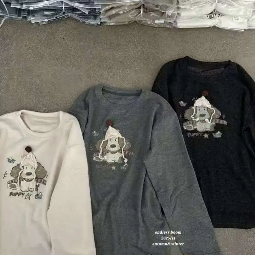 韩版时尚百搭宽松休闲圆领卡通印花磨毛长袖T恤女内搭打底秋冬