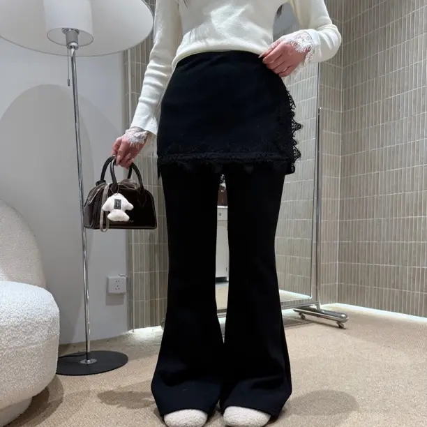 韩版加绒3950高腰显瘦蕾丝拼接屁帘微喇裤