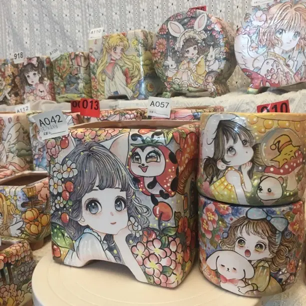 手工雕刻透气镶钻复古风格精工手绘釉烧多肉植物花盆