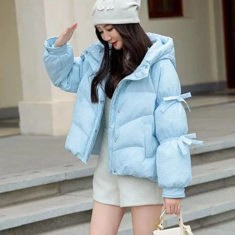 大码女装短款棉衣女冬新款日系甜美宽松灯笼袖蝴蝶结连帽外套百搭