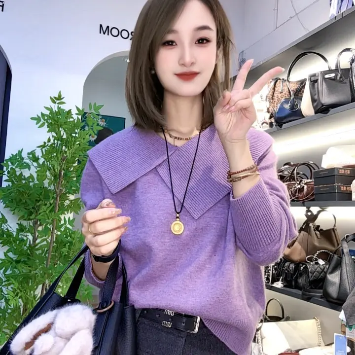 饭饭家  不规则大翻领针织上衣