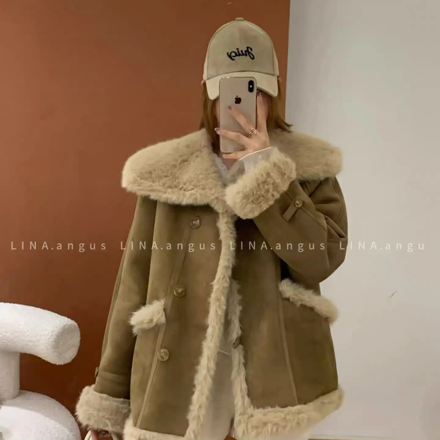 冬款韩系高级大翻领加厚皮毛一体外套