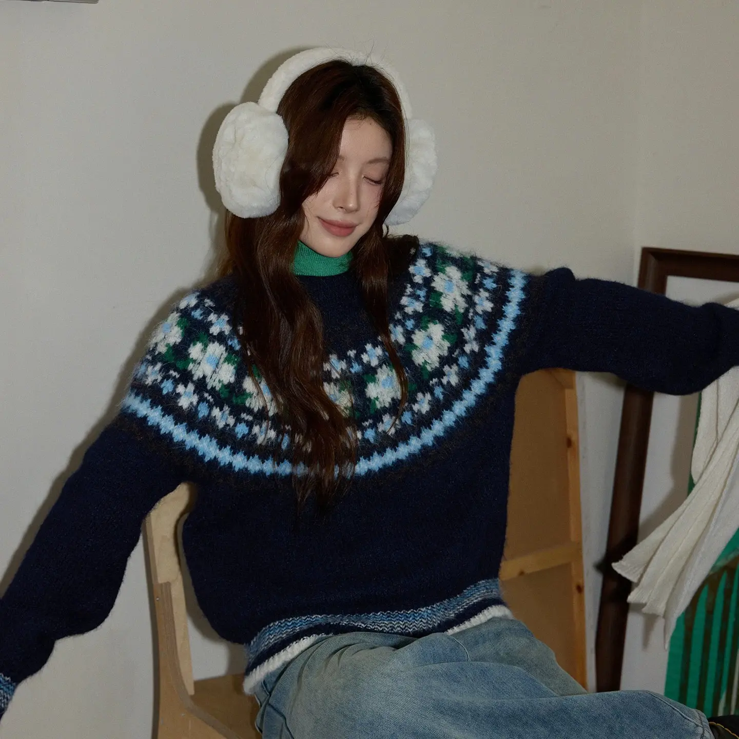 韩国.冰岛晚风韩系藏青色圆领费尔岛冬季宽松慵懒风毛衣女装