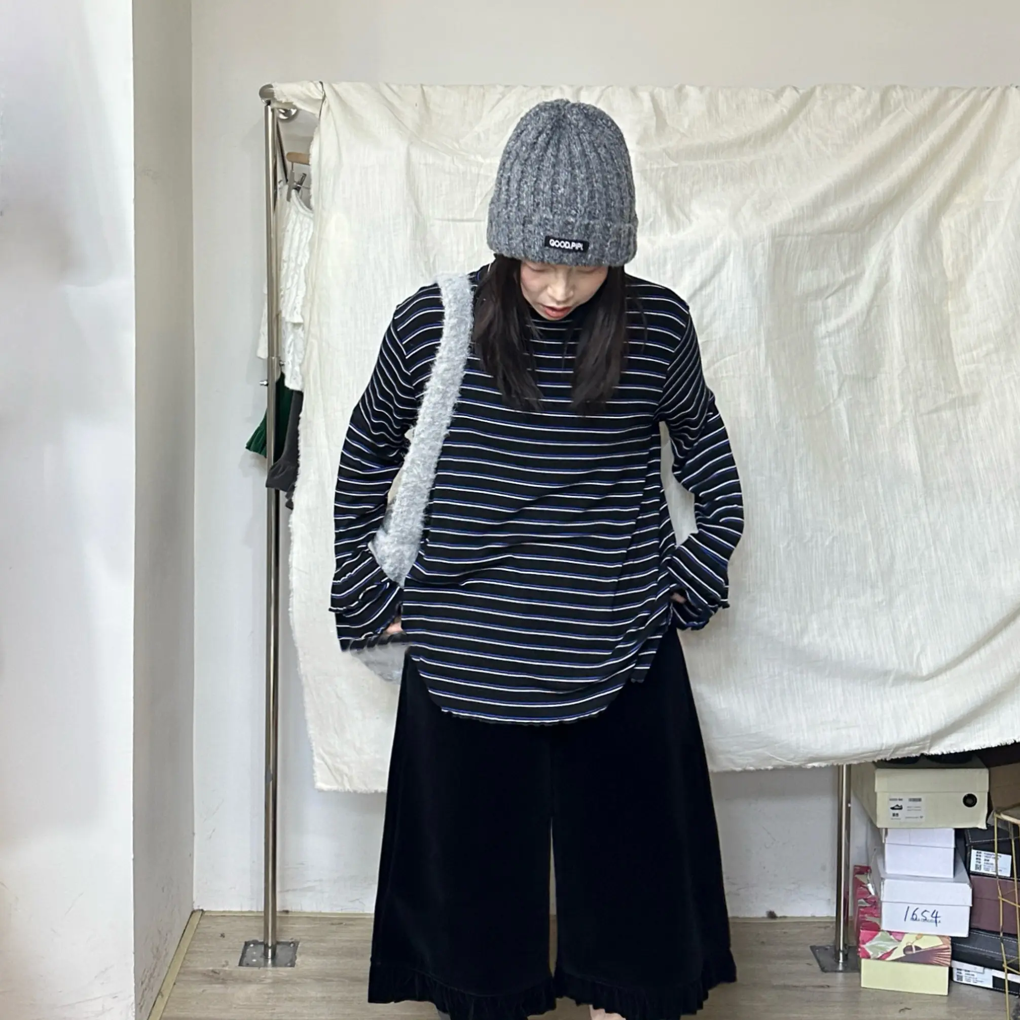 条纹长袖打底T恤宽松毛绒加厚韩版慵懒风休闲显瘦上衣秋冬