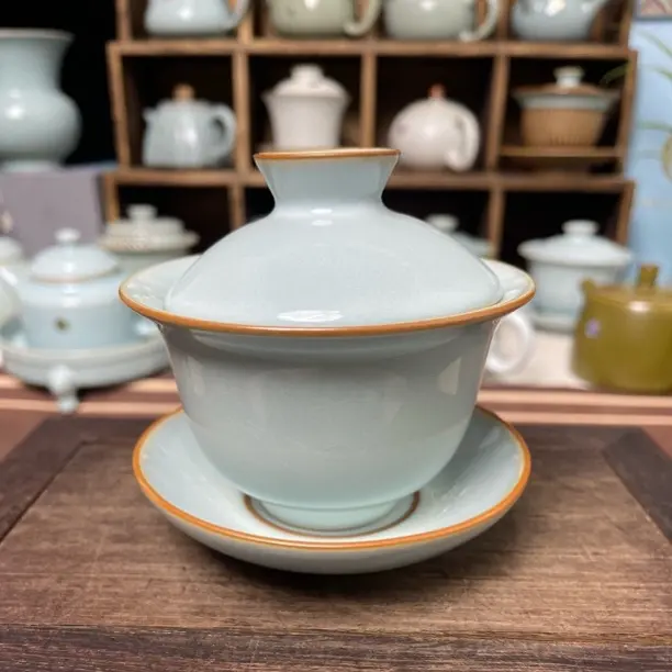 汝州原矿天青三才元宝盖碗微瑕130毫升圈足烧