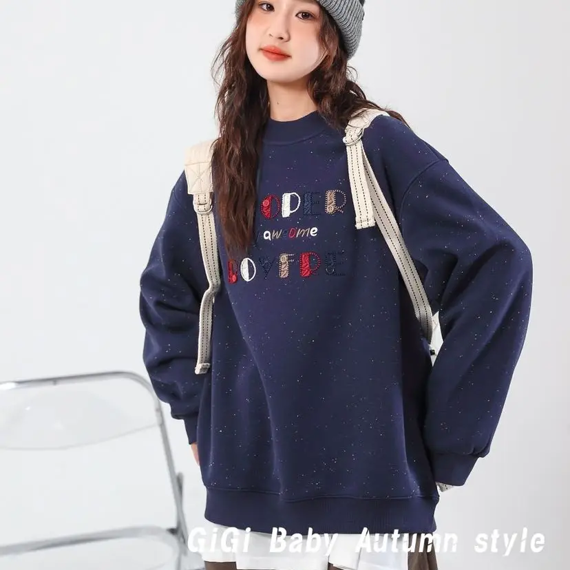 灰色半高领卫衣女春秋薄款韩版宽松圆领套头字母刺绣百搭长袖上衣