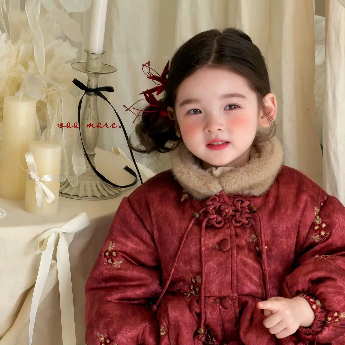 苏沫soo more2025秋冬新款婴童韩系女宝宝红色棉服套装拜年服