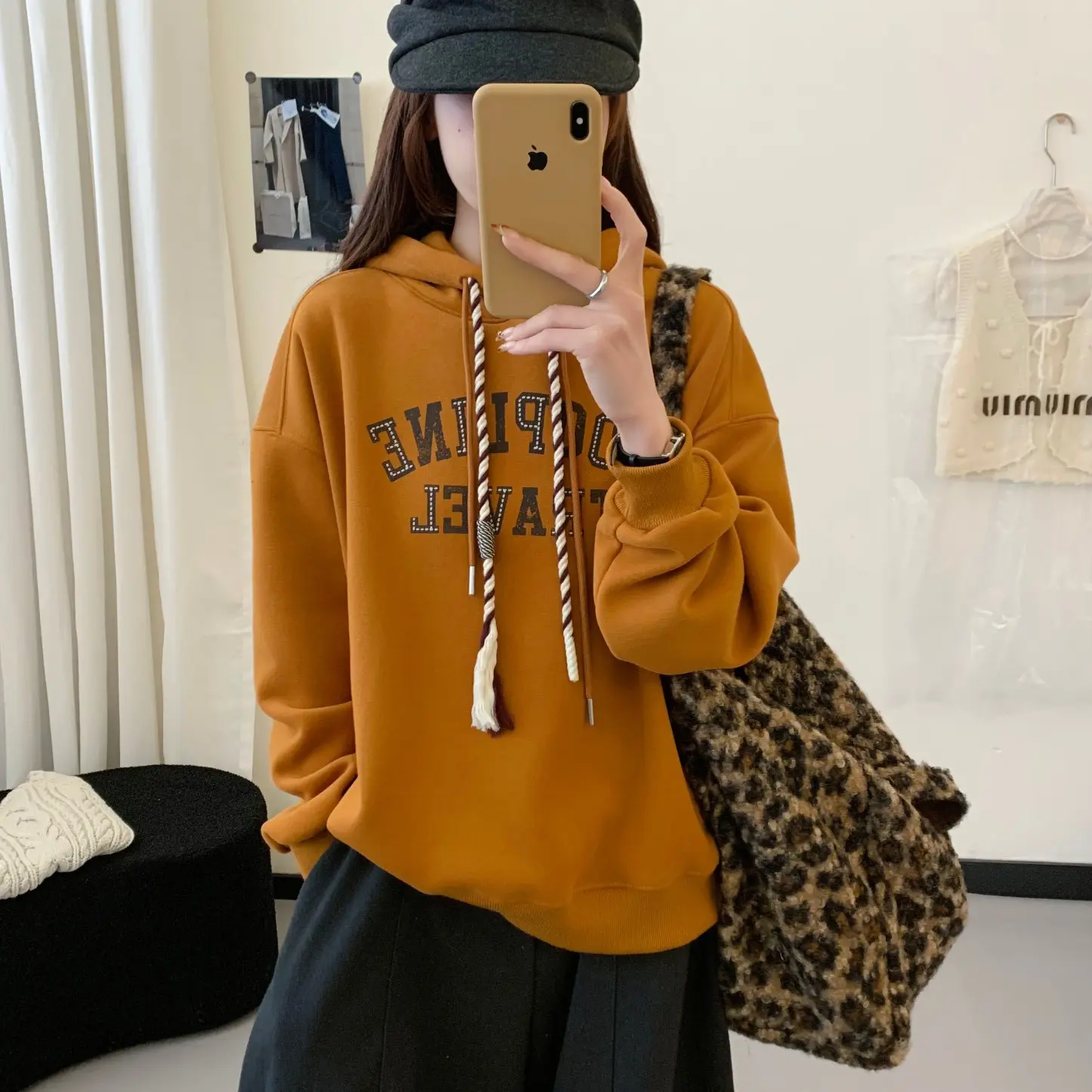 加绒字母印花连帽上衣女宽松显瘦韩版冬季休闲卫衣帽衫