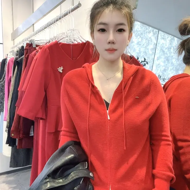 秋冬加厚女士纯色羊毛针织连帽拉链打底开衫