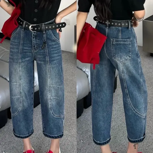 蓝色春季宽松小个子梨形显瘦断点弯刀牛仔裤无腰带