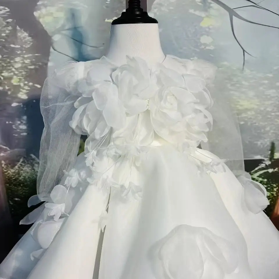 儿童公主裙礼服高端洋气女童婴儿小花童女宝宝周岁生日晚礼服白色