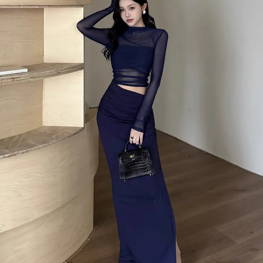 法式纯欲风网纱拼接收腰显瘦秋季包臀连衣裙