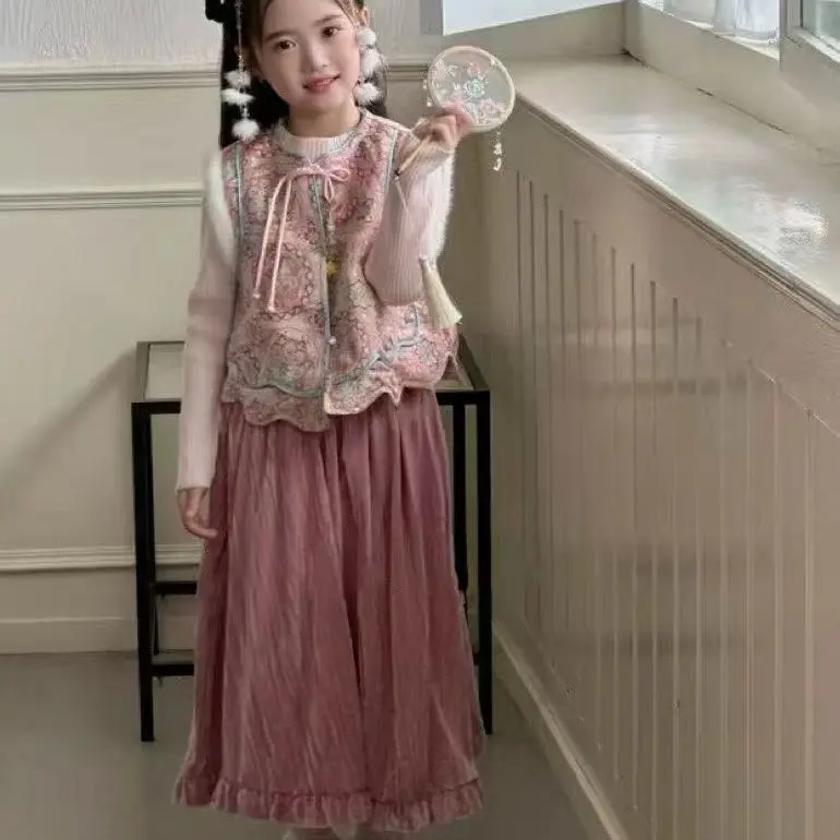 新款年货 女童冬季新中式马甲绒裙套装 三件套