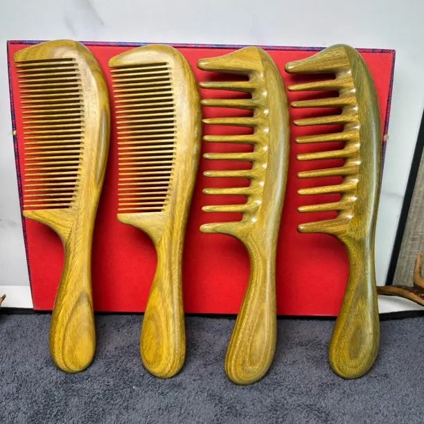 天然绿檀加厚加大鼓柄握感舒适宽齿按摩梳头部经络女士家用顺发梳