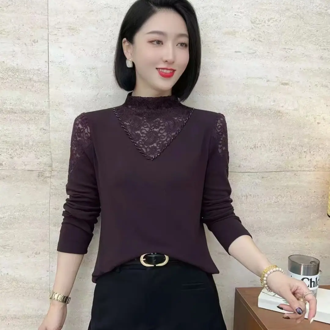 2025冬季新款洋气半高领手工订珠镂空百搭气质一体绒长袖气质小衫