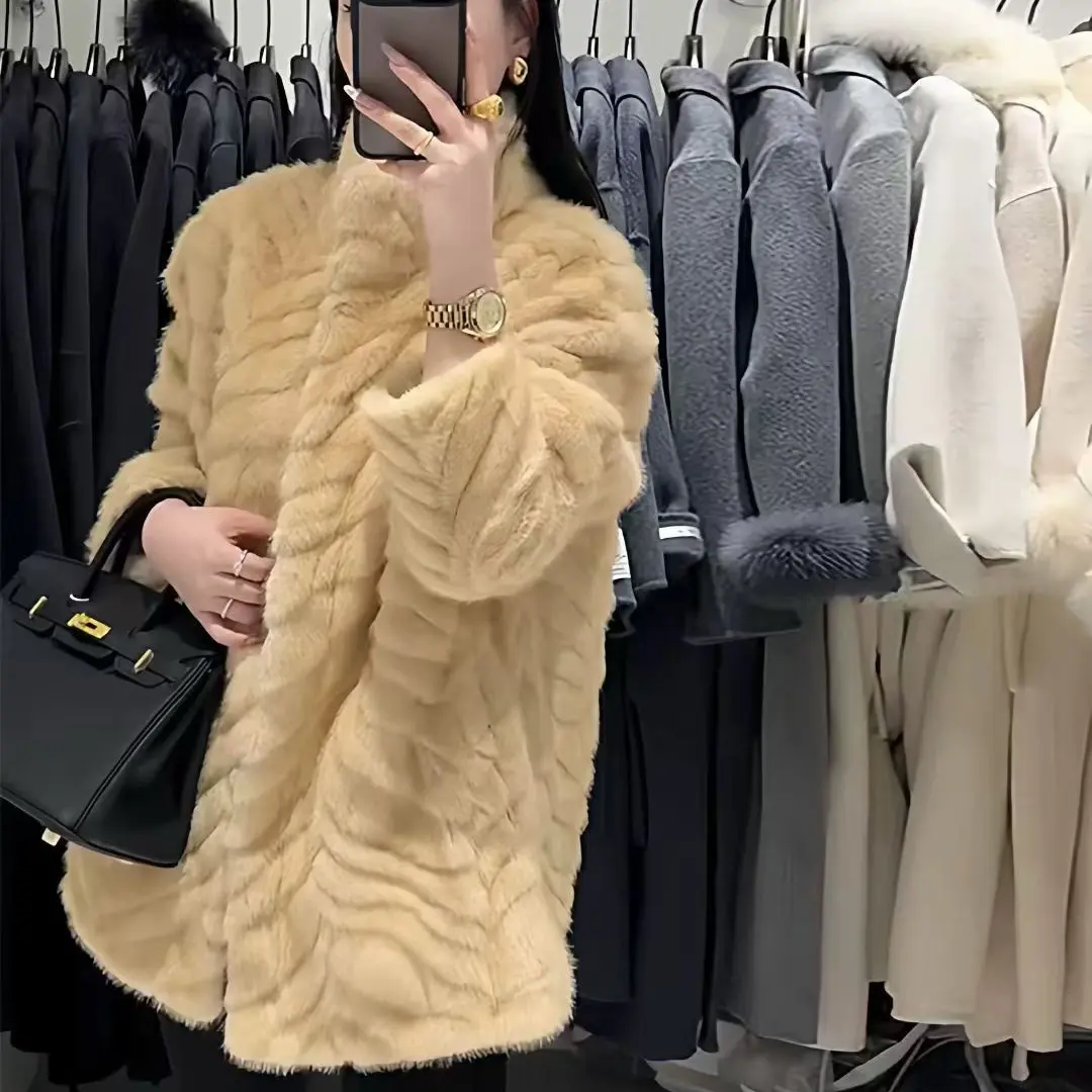 人造皮草 中长款冬季保暖环保金叶貂人造皮草毛毛外套